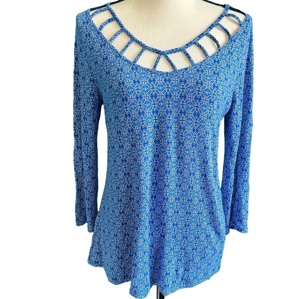 Dana Buchman Blue Geometric Long Sleeve Blouse Women's Medium